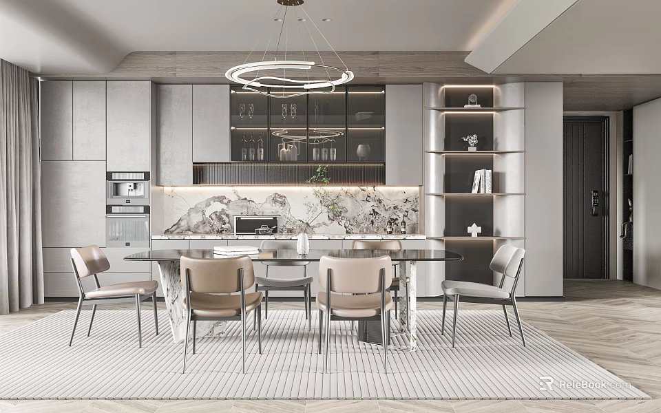 Modern Restaurant Interior With Marble Wall Chandelier Shelves And Dining Chairs 3d model 