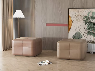 Brown Leather Ottoman Stools In Modern Living Room With Wooden Wall Floor Lamp And Magazines 3d model