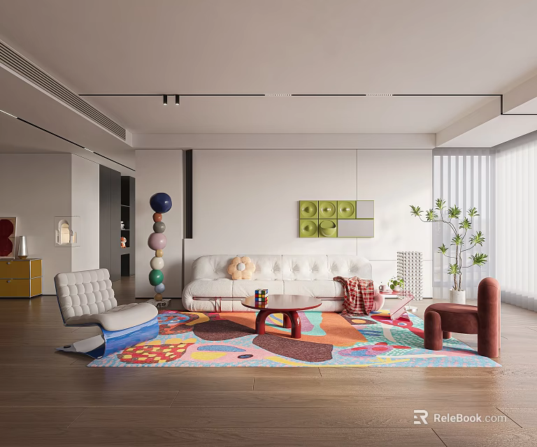 Modern Living Room Interior With White Sofa Colorful Area Rug Wooden Flooring And Potted Plant 3d model 