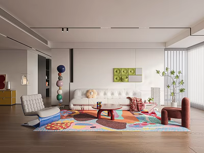 Modern Living Room Interior With White Sofa Colorful Area Rug Wooden Flooring And Potted Plant 3d model