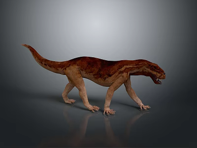 3D Rendered Prehistoric Dinosaur Model With Brown Red Skin Walking Open Mouth On Gray Background 3d model