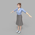 A woman in blue shirt and gray skirt with arms outstretched standing against gray background