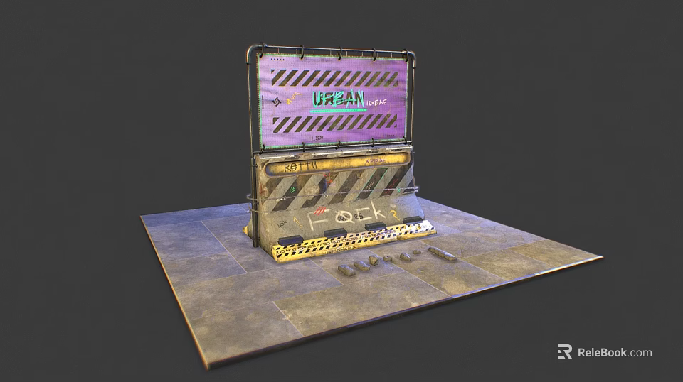 Urban Hostel Barrier Design With Warning Stripes And Signage On Concrete Ground 3d model 