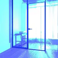 Modern Furniture Showroom Featuring Glass Door Wooden Floor White Wall And Side Table