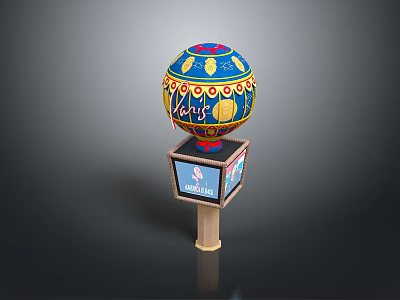 Decorative Spherical Device With Colorful Patterns Happy Text And Square Base Display Screen 3d model