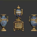 Three Blue Sculpture Carvings With Golden Decorations And Intricate Patterns On Base