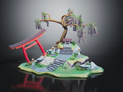 Traditional Japanese Architecture With Red Torii Gate Stone Steps Small Shrine And Weeping Willow 3d model