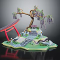 Traditional Japanese Architecture With Red Torii Gate Stone Steps Small Shrine And Weeping Willow