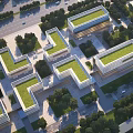 Modern Office Buildings With Green Roofs And Landscaped Surroundings In Urban Complex