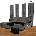 Background Double Bed With Gray Bedding Grid Pattern Headboard Panels And Wooden Floor 3d model