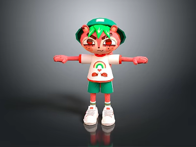 Game and Movie Character With Green Hat Red Eyes White T-shirt Rainbow Smiley Pattern 3d model