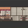 Cartoon Scene of Japanese Restaurant with Counter Stools Tables and Traditional Decorations