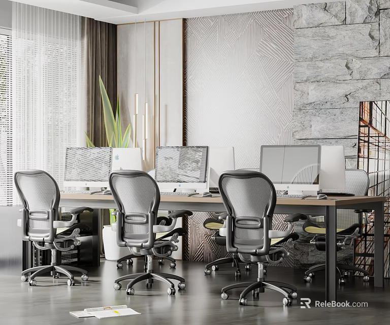 Modern Office Desk Setup with Computer Monitors and Ergonomic Office Chairs 3d model 