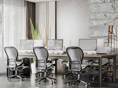 Modern Office Desk Setup with Computer Monitors and Ergonomic Office Chairs 3d model