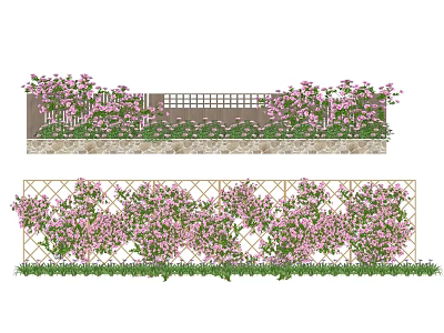 Lush Vines with Pink Flowers and Green Leaves Climbing Grid Fence 3d model