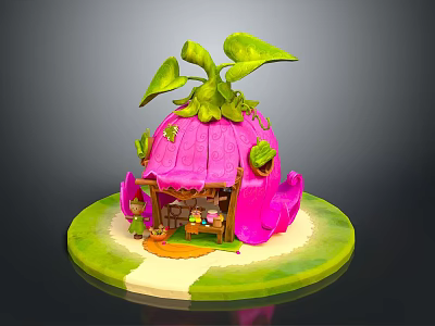 Tiny Elf Character By Whimsical Pink Mushroom House With Green Leaves And Grass Path 3d model
