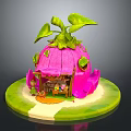 Tiny Elf Character By Whimsical Pink Mushroom House With Green Leaves And Grass Path