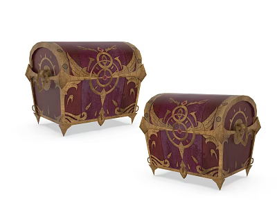 Maroon Vintage Chests With Golden Ornate Patterns Metal Locks And Decorative Feet 3d model
