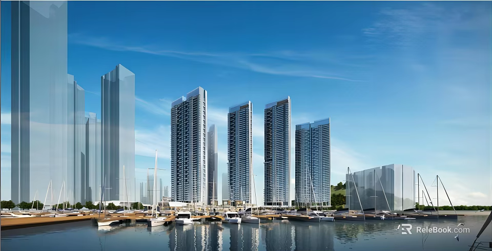 Modern High Rise Buildings Waterfront Marina View With Luxury Yachts And Blue Sky 3d model 