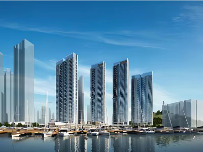 Modern High Rise Buildings Waterfront Marina View With Luxury Yachts And Blue Sky 3d model