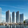 Modern High Rise Buildings Waterfront Marina View With Luxury Yachts And Blue Sky