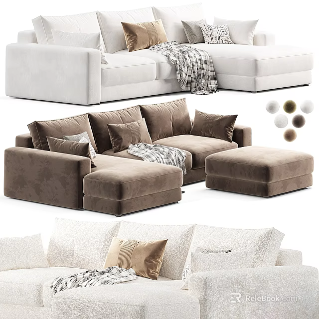 Stylish Sectional Sofa In White And Brown With Pillows Throw Blanket And Color Options 3d model 