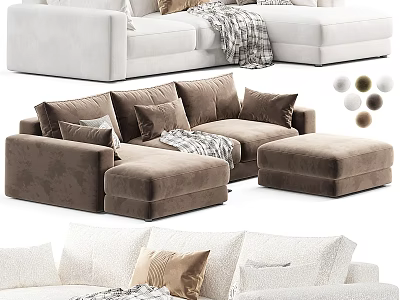 Stylish Sectional Sofa In White And Brown With Pillows Throw Blanket And Color Options 3d model