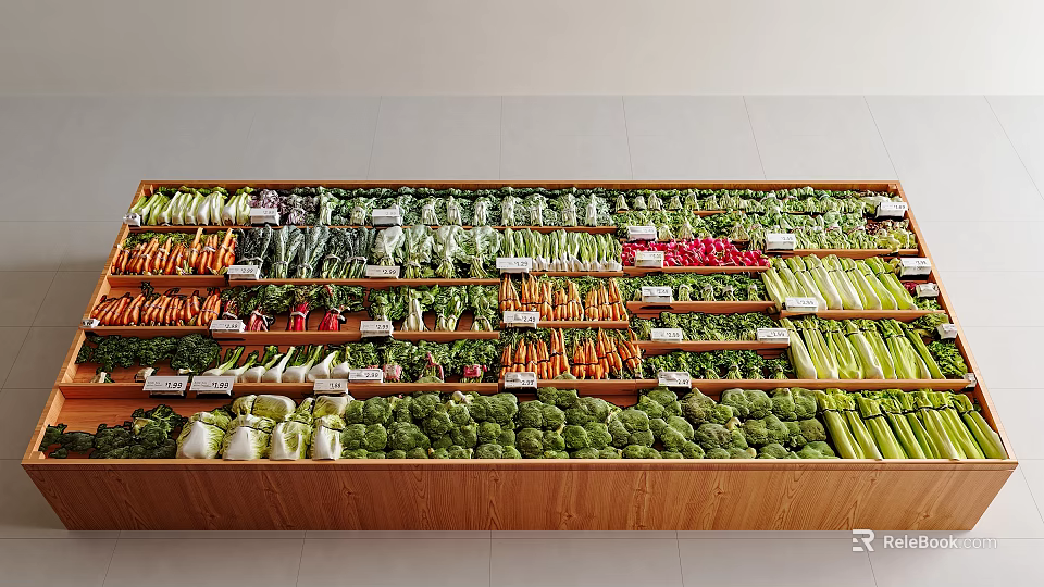 Colorful Assorted Fresh Vegetables Neatly Arranged On Supermarket Shelves With Labels 3d model 
