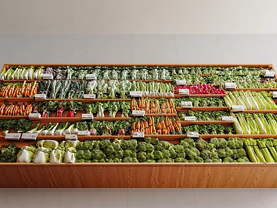 Colorful Assorted Fresh Vegetables Neatly Arranged On Supermarket Shelves With Labels 3d model