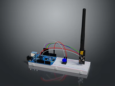 Arduino Development Board With Breadboard Colorful Wires And Wireless Antenna Module 3d model
