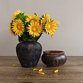 Sunflower Bouquet In Dark Ceramic Vase With Small Clay Pot On Wooden Table