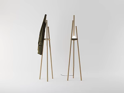Modern Minimalist Wooden Clothes Racks With Hanging Coat And Side Lamp 3d model