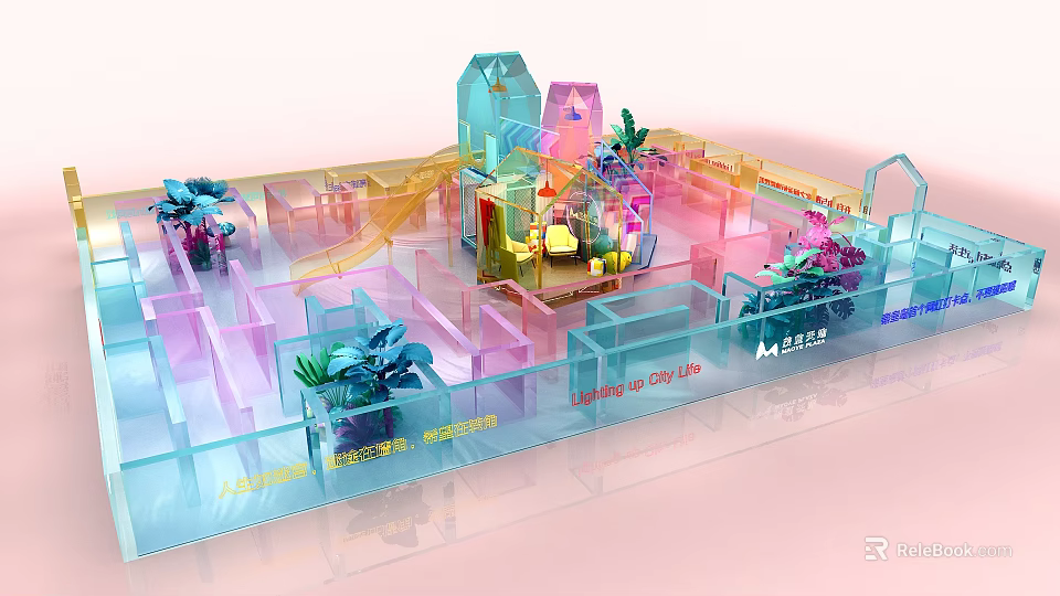 Indoor Play Equipment Featuring Colorful Transparent Structures Slides And Plant Decorations 3d model 