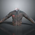 Artistic Carved Jacket Sculpture Featuring Brown Surface Red Badge Zipper And Reflective Background