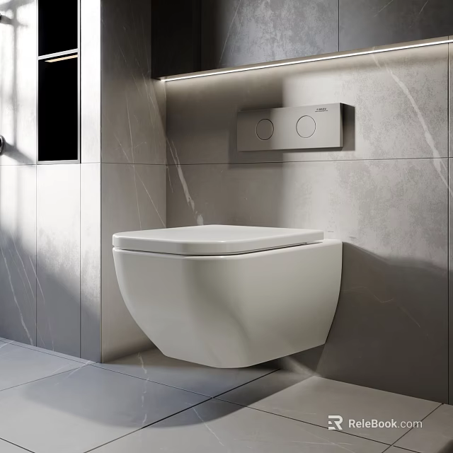 Modern Wall Hung White Toilet In Bathroom With Marble Texture And Built In Control Panel 3d model 