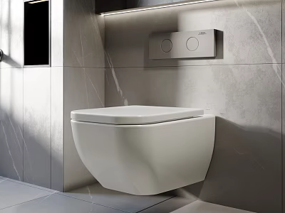 Modern Wall Hung White Toilet In Bathroom With Marble Texture And Built In Control Panel 3d model