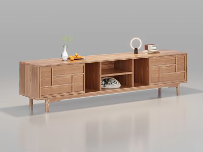 Modern Wooden TV Stand With Drawers Open Shelves Vase Fruits Lamp And Books 3d model