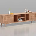 Modern Wooden TV Stand With Drawers Open Shelves Vase Fruits Lamp And Books