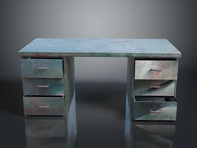 Vintage Industrial Style Desk With Teal Green Tabletop Two Drawer Cabinets Three Drawers Each 3d model