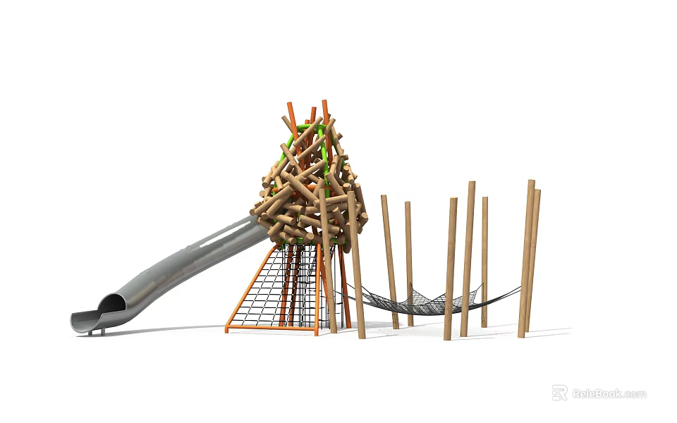 Outdoor Playground Structure With Wooden Treehouse Slide Climbing Net Hammock And Poles 3d model 