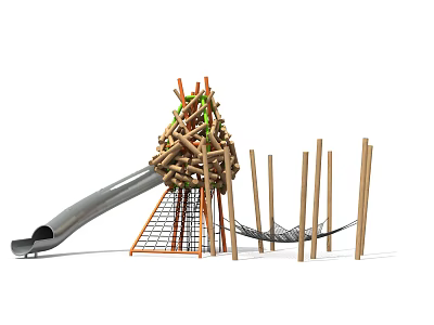 Outdoor Playground Structure With Wooden Treehouse Slide Climbing Net Hammock And Poles 3d model
