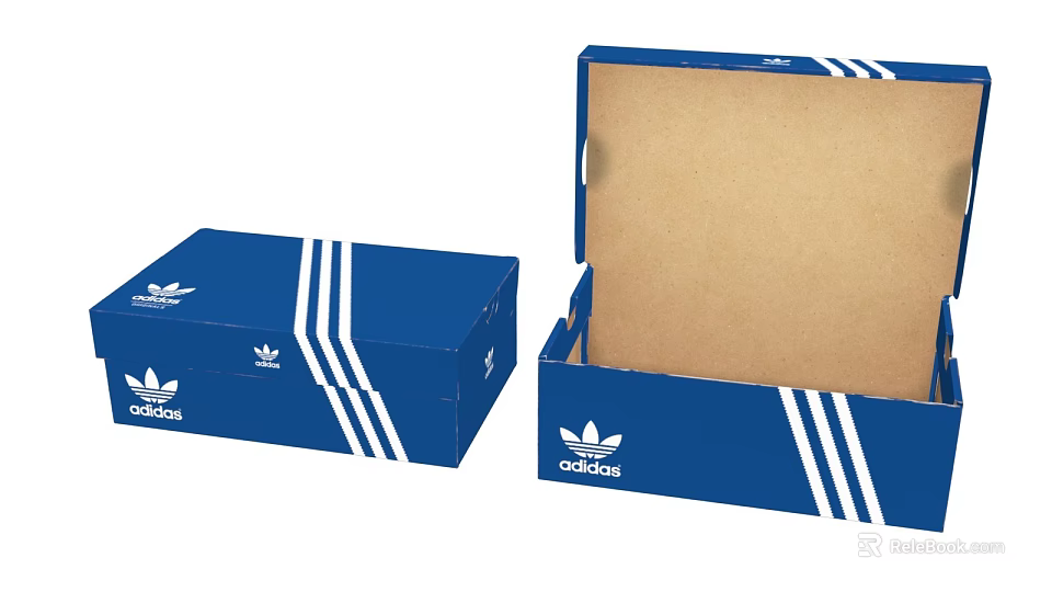 Adidas Blue Shoe Boxes With White Stripes Open And Closed Lifestyle Storage Containers 3d model 