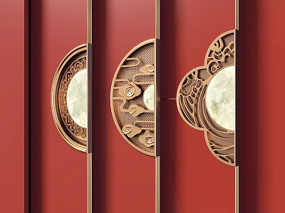 Traditional Chinese Door Handles Featuring Golden Cloud Patterns And Circular White Inlays On Red Background 3d model