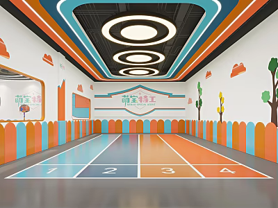 Kids Indoor Sports Fitness Space With Colorful Running Tracks And Tree Cloud Decorations 3d model