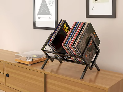 Stylish Vinyl Record Holder With Turntable On Wooden Cabinet And Wall Art 3d model