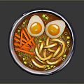 Delicious Ramen Bowl With Soft Boiled Eggs Carrot Strips And Green Onions
