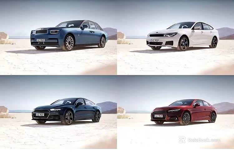 Four Stylish Sedans In Blue White Dark Blue And Red Colors On Sandy Ground 3d model 