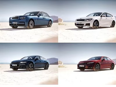 Four Stylish Sedans In Blue White Dark Blue And Red Colors On Sandy Ground 3d model