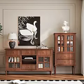 Wooden Entryway Cabinet and Side Cabinet with Glass Doors Decorative Wall Art and Table Lamp
