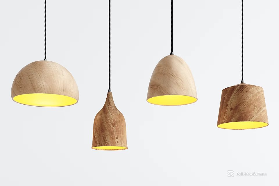 Wooden Pendant Lights with Unique Shapes and Warm Yellow Illumination for Modern Home Decor 3d model 